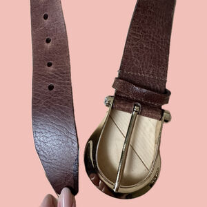 Guess Vintage Statement Leather Belt Brown Gold Buckle Size L